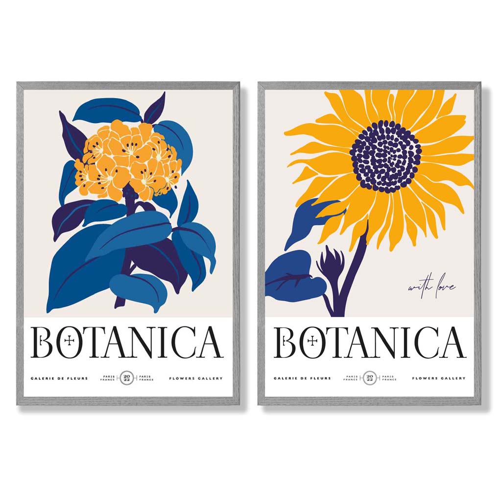 Set aus 2 gerahmten Kunstdrucken mit blau-gelben Sonnenblumen