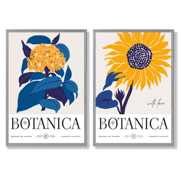 Set aus 2 gerahmten Kunstdrucken mit blau-gelben Sonnenblumen