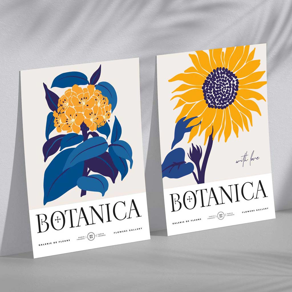 Set aus 2 gerahmten Kunstdrucken mit blau-gelben Sonnenblumen