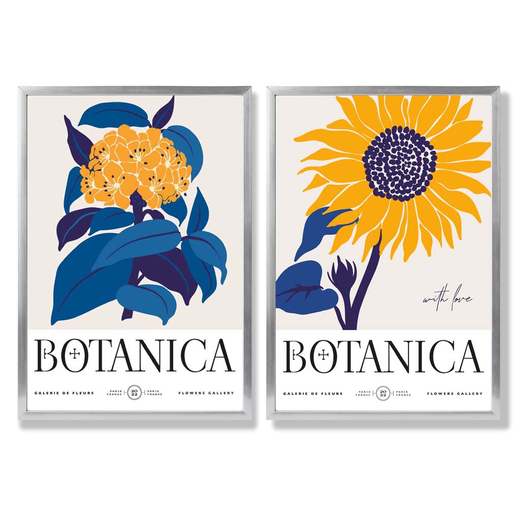 Set aus 2 gerahmten Kunstdrucken mit blau-gelben Sonnenblumen
