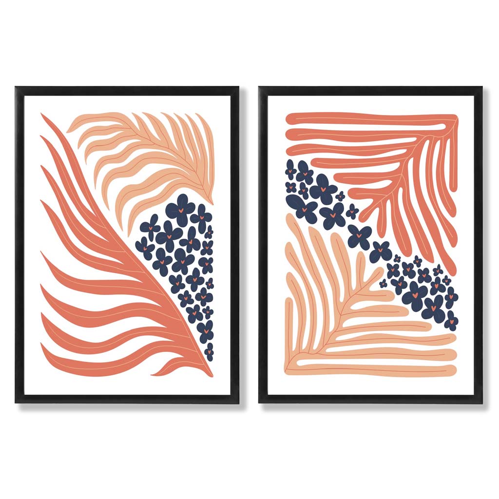 Set mit 2 Kunstdrucken im Boho-Blumenrahmen in Blush Pink und Navy