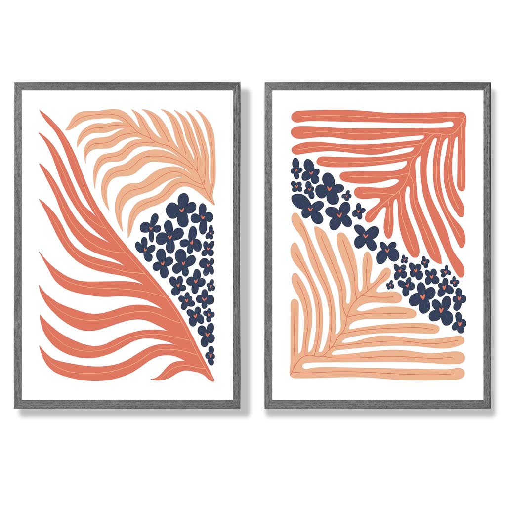 Set mit 2 Kunstdrucken im Boho-Blumenrahmen in Blush Pink und Navy