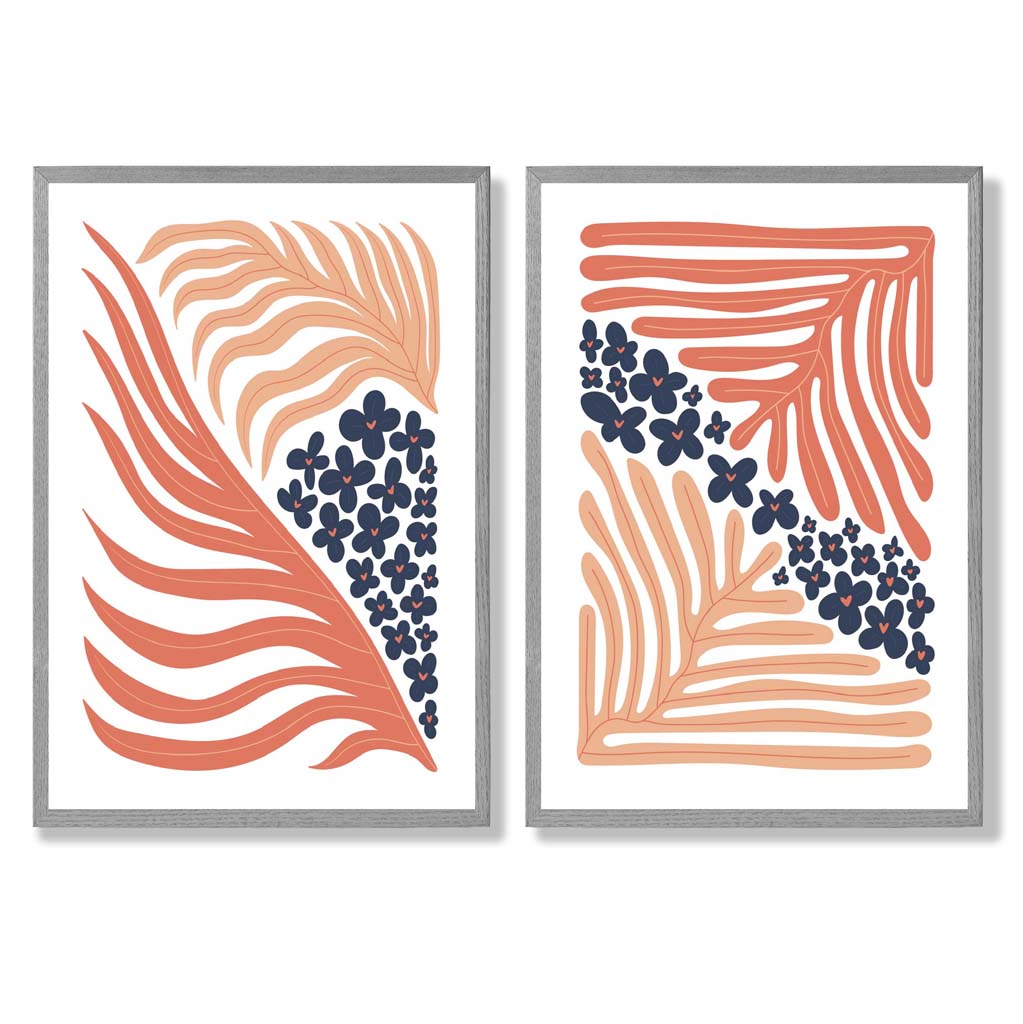 Set mit 2 Kunstdrucken im Boho-Blumenrahmen in Blush Pink und Navy