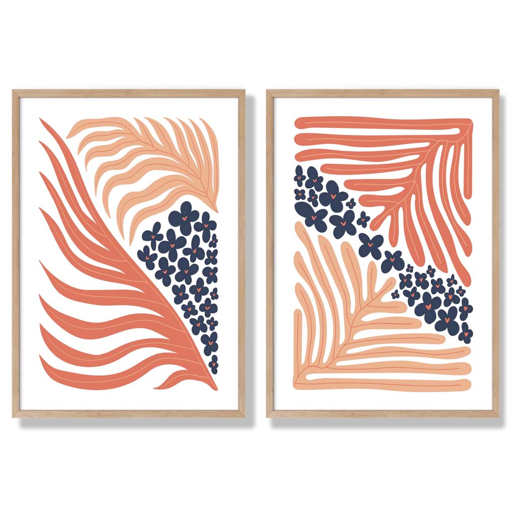 Set mit 2 Kunstdrucken im Boho-Blumenrahmen in Blush Pink und Navy
