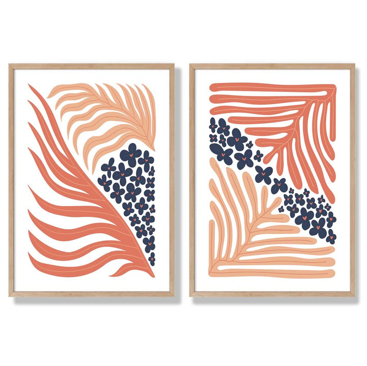 Set mit 2 Kunstdrucken im Boho-Blumenrahmen in Blush Pink und Navy