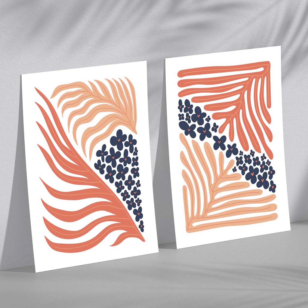 Set mit 2 Kunstdrucken im Boho-Blumenrahmen in Blush Pink und Navy