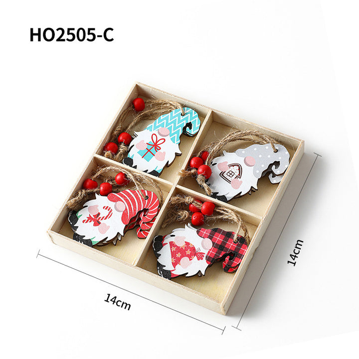 Weihnachts-Holzanhänger-Set, 4-teilige Box mit Wichtel-Motiven