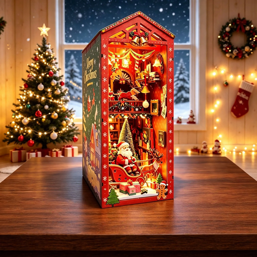 Weihnachtliches Buchstützen-Modell aus Holz mit LED
