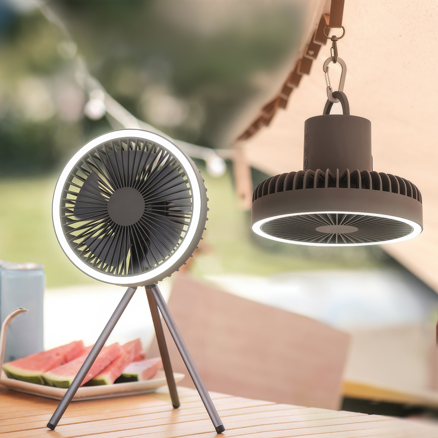 Tragbarer wiederaufladbarer Ventilator mit LED und integriertem Powerbank | Karnz