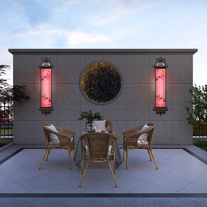Traditionelle chinesische rechteckige Aluminium-Glas-Solar-LED-Wandleuchte für Garten | Karnz
