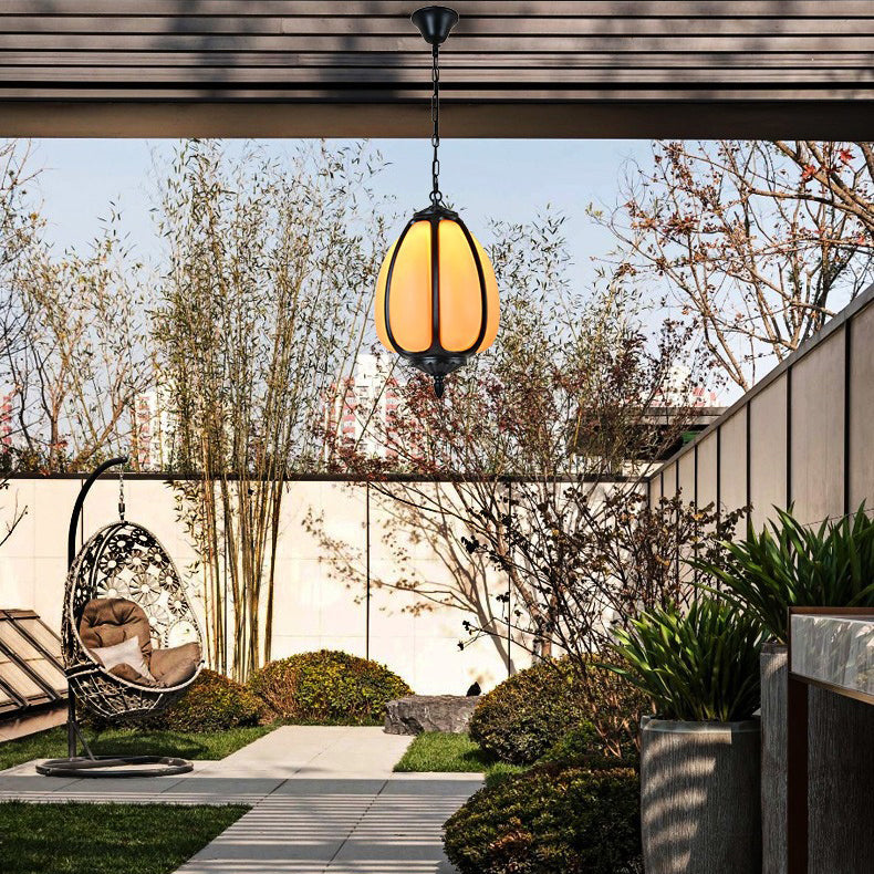 Traditionelle chinesische wasserdichte Aluminium-PC-Dolomit elliptische Kürbis 1-Licht Pendelleuchte für Außenpatio | Karnz
