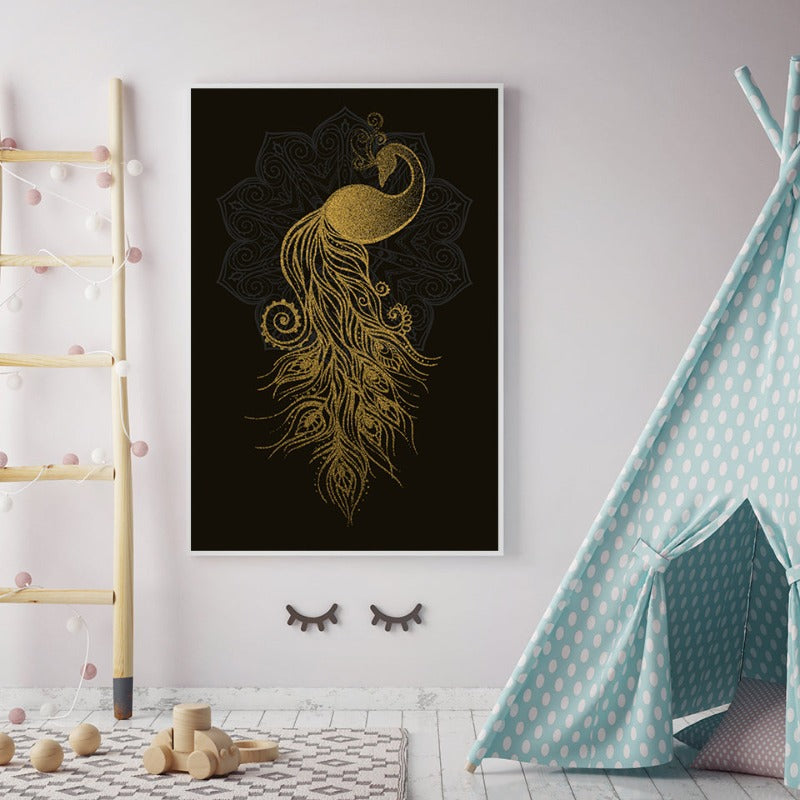 Abstract Golden Mandala Pfau - Canvas Wandkunst Malerei