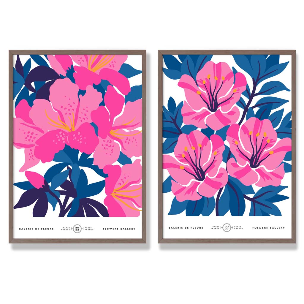 Hellblaue und rosa Frühlingsblumenmarkt-Motiv, gerahmtes Set aus 2 Kunstdrucken
