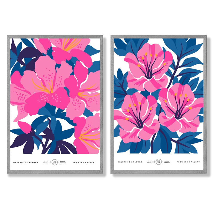 Hellblaue und rosa Frühlingsblumenmarkt-Motiv, gerahmtes Set aus 2 Kunstdrucken