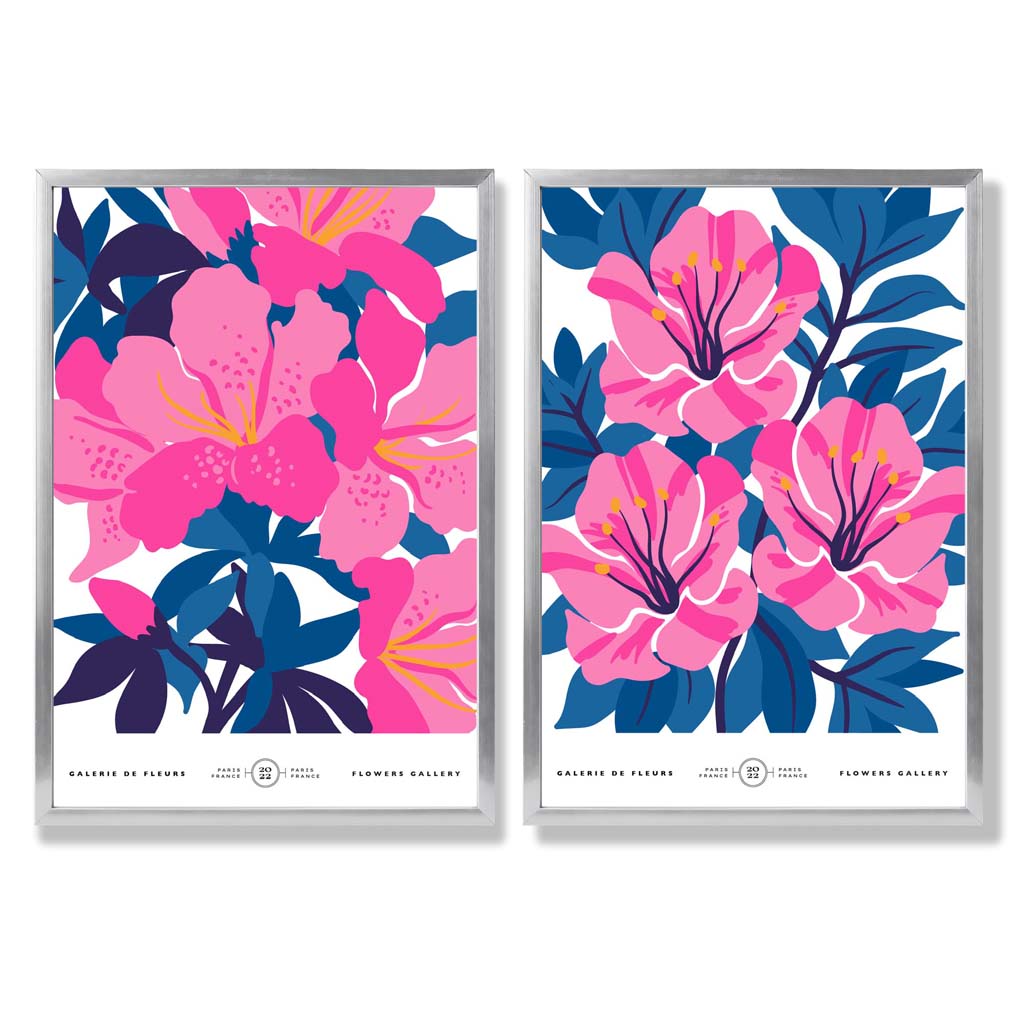 Hellblaue und rosa Frühlingsblumenmarkt-Motiv, gerahmtes Set aus 2 Kunstdrucken
