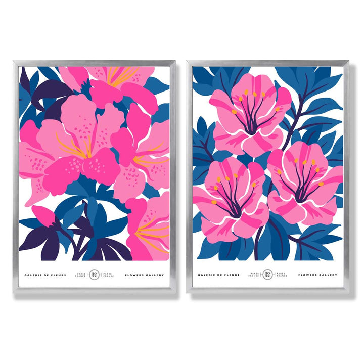 Hellblaue und rosa Frühlingsblumenmarkt-Motiv, gerahmtes Set aus 2 Kunstdrucken