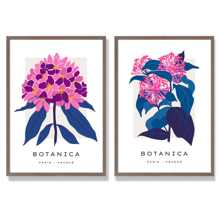 Set aus 2 gerahmten Kunstdrucken mit dem Motiv „Sommerblumenmarkt“ in leuchtendem Rosa und Blau