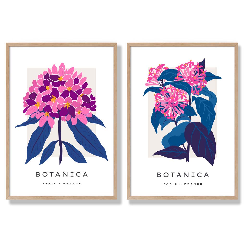 Set aus 2 gerahmten Kunstdrucken mit dem Motiv „Sommerblumenmarkt“ in leuchtendem Rosa und Blau