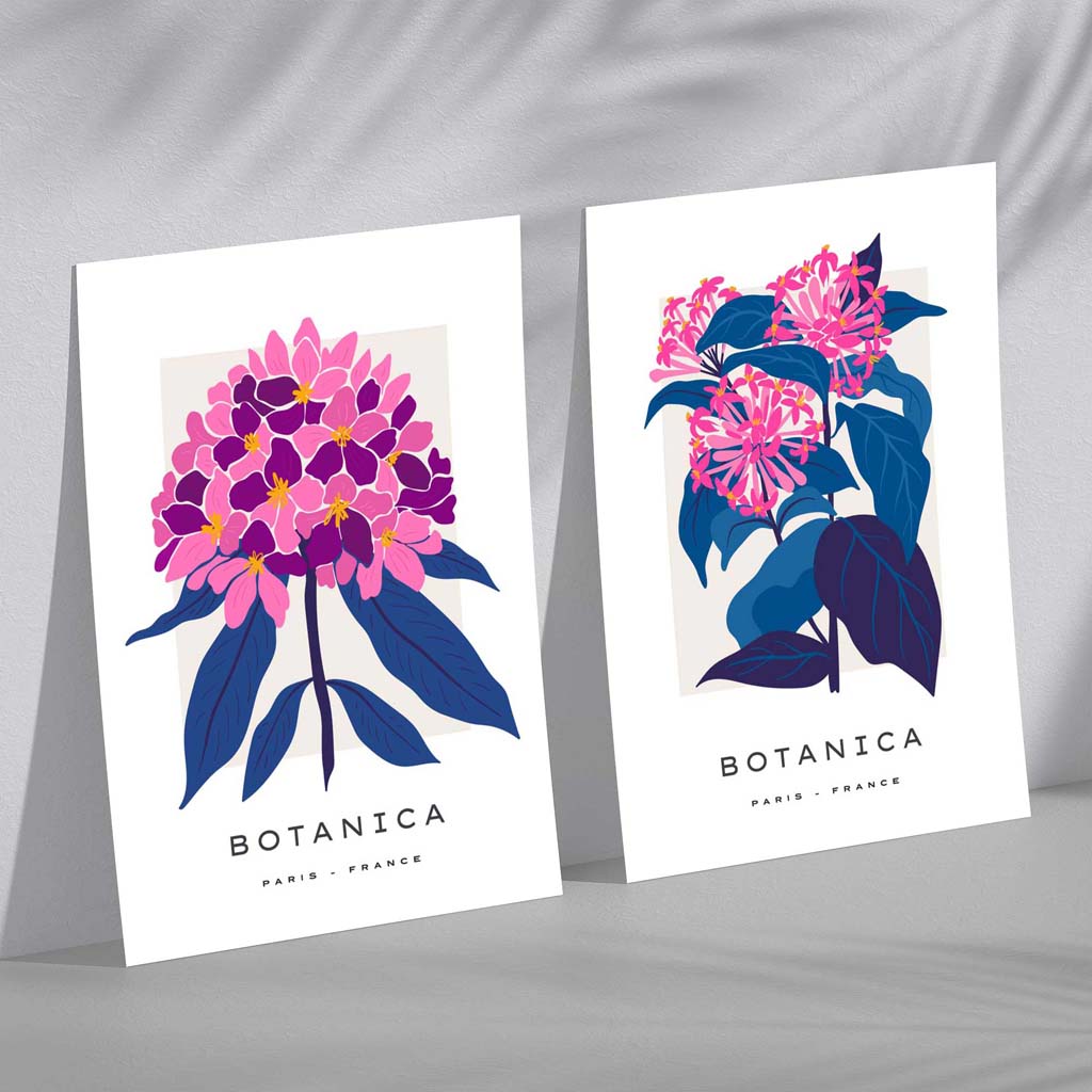 Set aus 2 gerahmten Kunstdrucken mit dem Motiv „Sommerblumenmarkt“ in leuchtendem Rosa und Blau