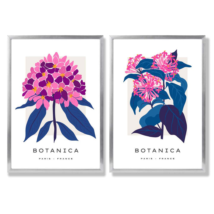 Set aus 2 gerahmten Kunstdrucken mit dem Motiv „Sommerblumenmarkt“ in leuchtendem Rosa und Blau