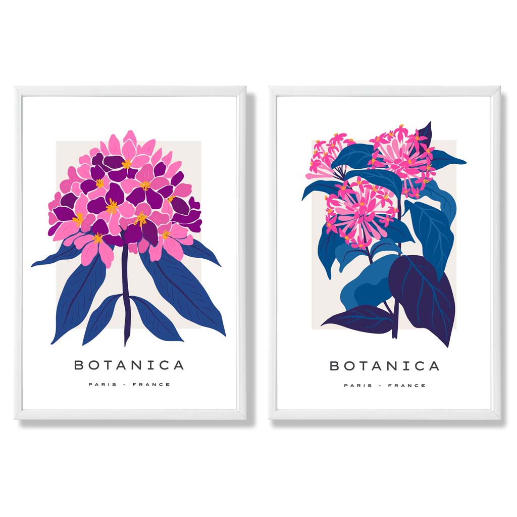 Set aus 2 gerahmten Kunstdrucken mit dem Motiv „Sommerblumenmarkt“ in leuchtendem Rosa und Blau