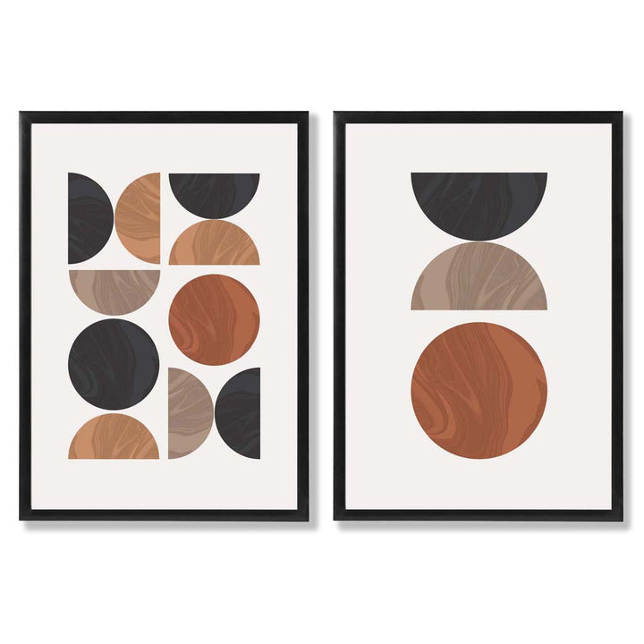 Schwarzes und oranges Set aus gerahmten Kunstdrucken im geometrischen Mid-Century-Stil aus der Mitte des Jahrhunderts (2er-Set
