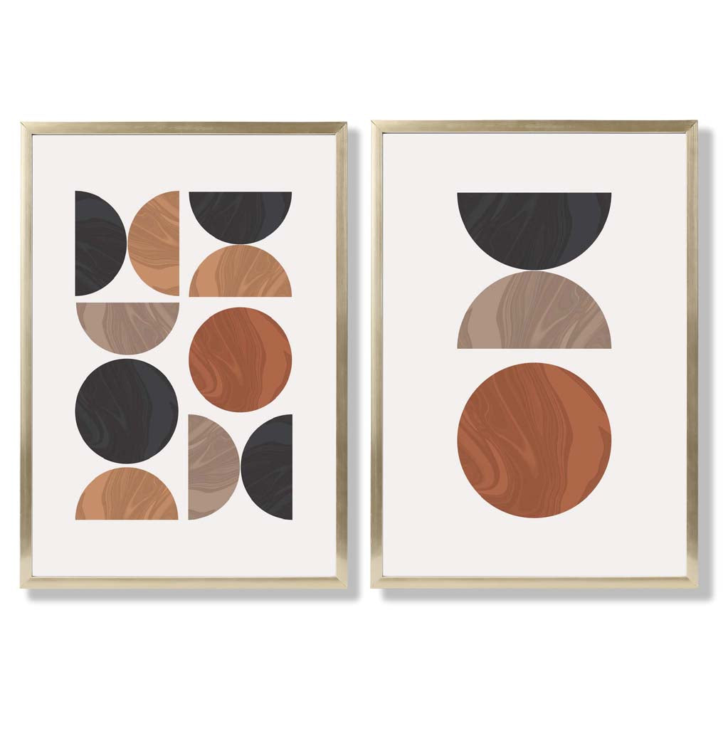 Schwarzes und oranges Set aus gerahmten Kunstdrucken im geometrischen Mid-Century-Stil aus der Mitte des Jahrhunderts (2er-Set