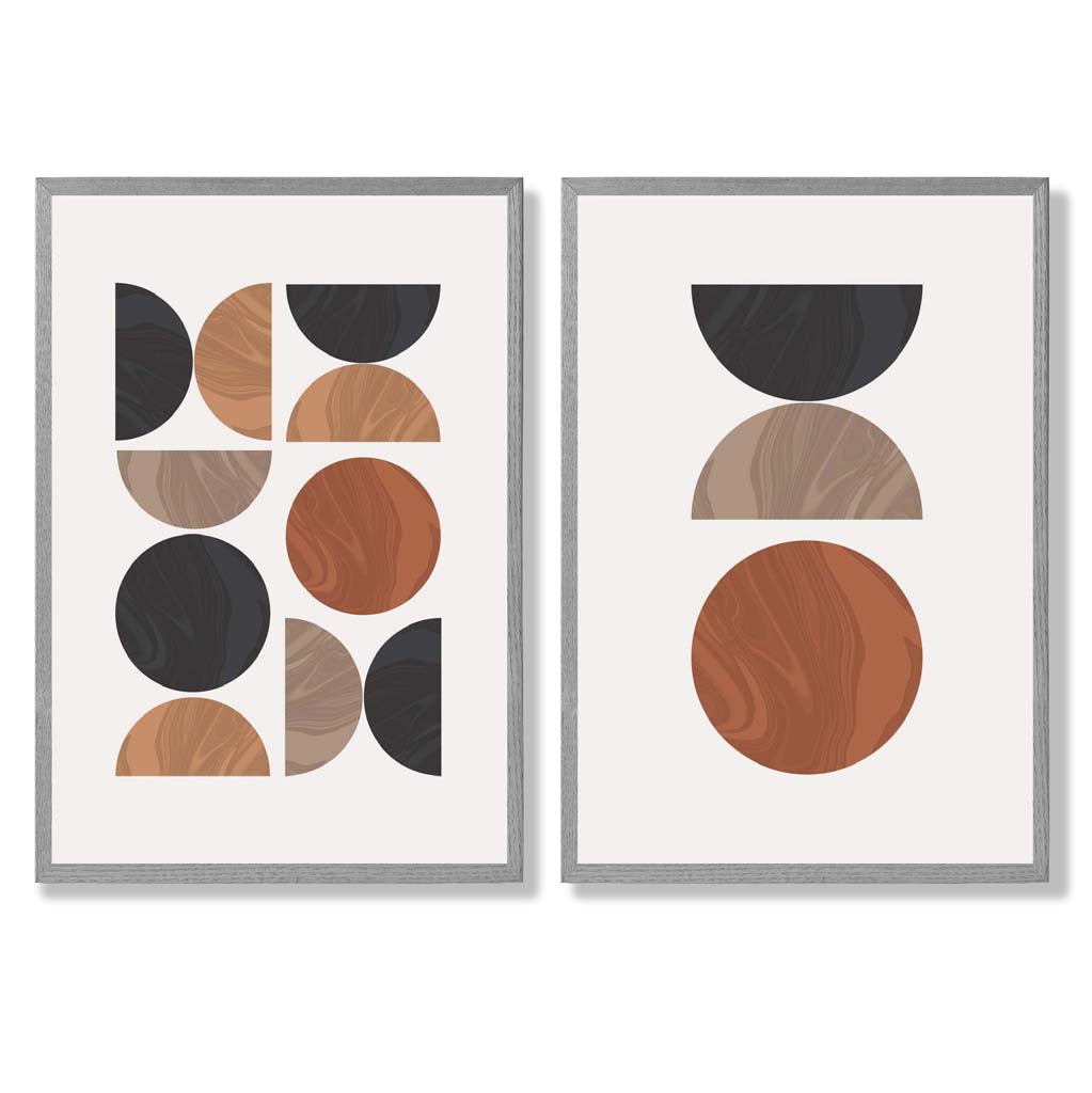 Schwarzes und oranges Set aus gerahmten Kunstdrucken im geometrischen Mid-Century-Stil aus der Mitte des Jahrhunderts (2er-Set