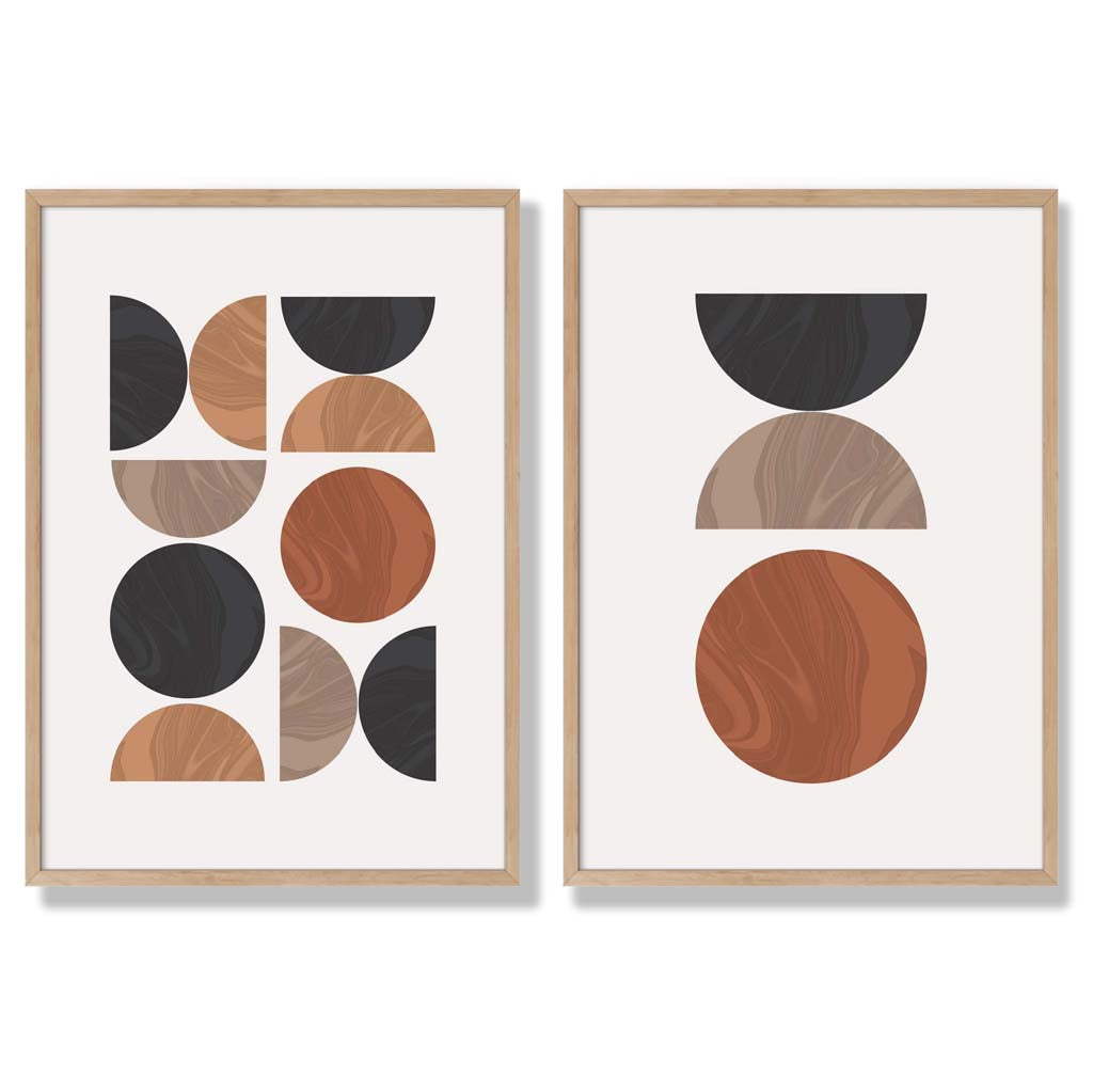 Schwarzes und oranges Set aus gerahmten Kunstdrucken im geometrischen Mid-Century-Stil aus der Mitte des Jahrhunderts (2er-Set
