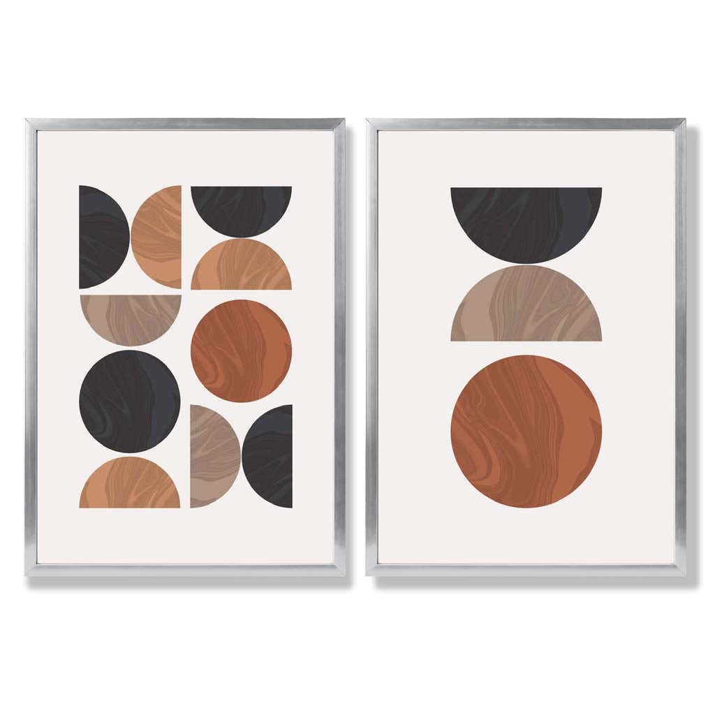 Schwarzes und oranges Set aus gerahmten Kunstdrucken im geometrischen Mid-Century-Stil aus der Mitte des Jahrhunderts (2er-Set