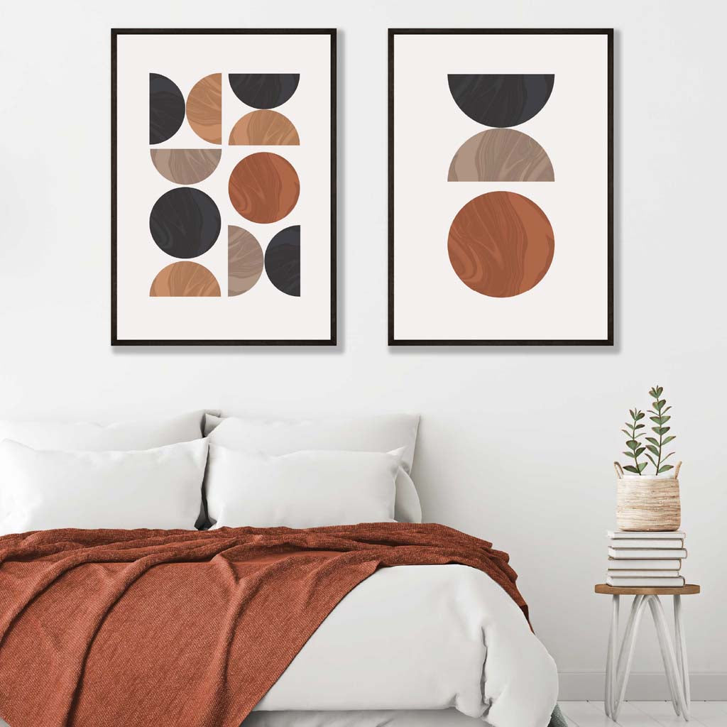 Schwarzes und oranges Set aus 2 geometrischen Kunstdrucken im Mid-Century-Stil