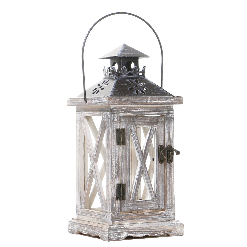 Rustikale Vintage-Holz-Glas-gemusterte dekorative Kerzenlaterne mit Metalloberseite und Traggriff Karnz