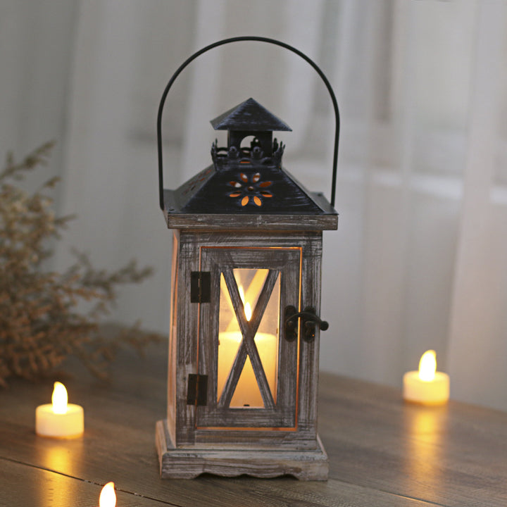 Rustikale Vintage-Holz-Glas-gemusterte dekorative Kerzenlaterne mit Metalloberseite und Traggriff Karnz