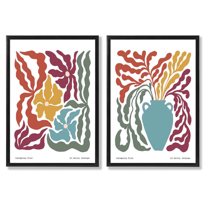 Buntes Boho-Blumenrahmen-Set mit 2 Kunstdrucken