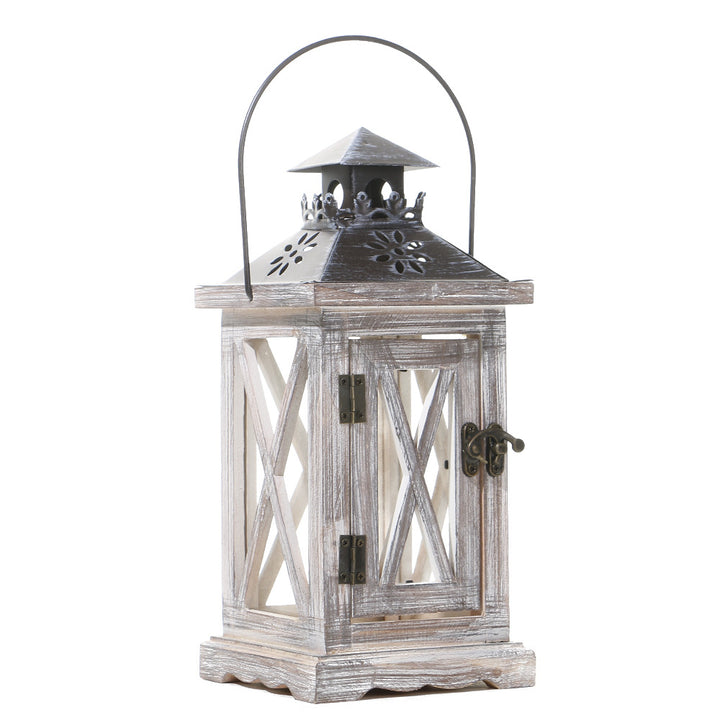 Rustikale Vintage-Holz-Glas-gemusterte dekorative Kerzenlaterne mit Metalloberseite und Traggriff Karnz