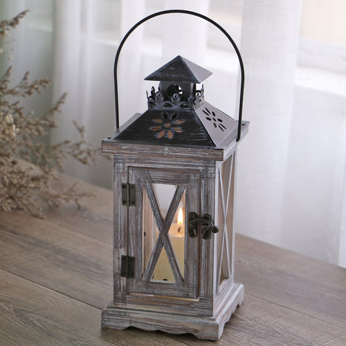 Rustikale Vintage-Holz-Glas-gemusterte dekorative Kerzenlaterne mit Metalloberseite und Traggriff Karnz