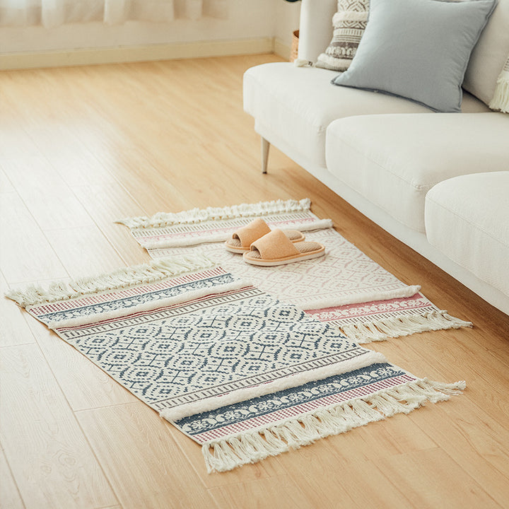 Handgewebter Baumwollläufer im Scandi‑Boho‑Stil mit Fransen und geometrischem Diamant‑Jacquard Karnz