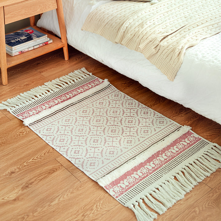 Handgewebter Baumwollläufer im Scandi‑Boho‑Stil mit Fransen und geometrischem Diamant‑Jacquard Karnz