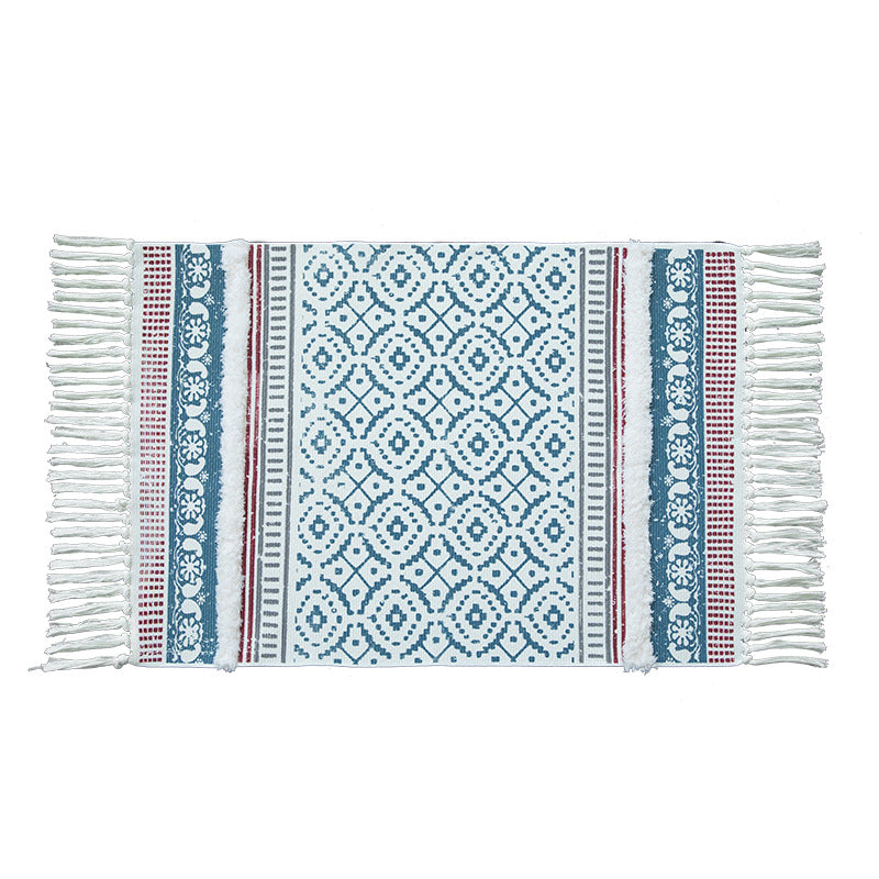 Handgewebter Baumwollläufer im Scandi‑Boho‑Stil mit Fransen und geometrischem Diamant‑Jacquard Karnz
