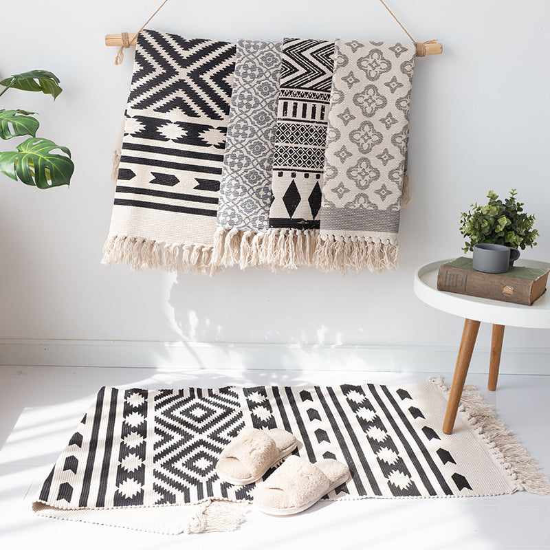 Flachgewebter Baumwollläufer mit mediterranem Kachel‑Jacquard und dekorativen Fransen Karnz
