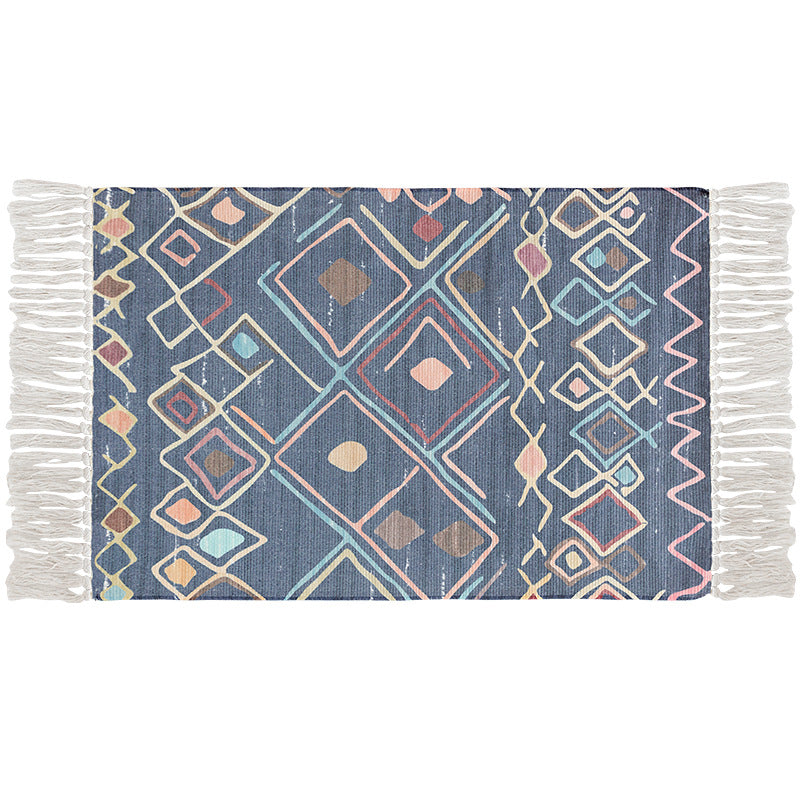 Flachgewebter Baumwollläufer mit Boho-Ethno-Muster und Fransenrand