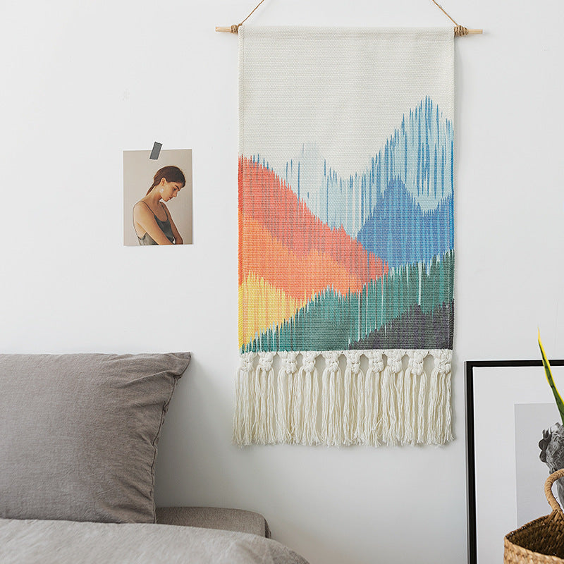 Boho-Wandbehang-Set mit gewebten Ethno-Motiven, Quasten und Holzstab