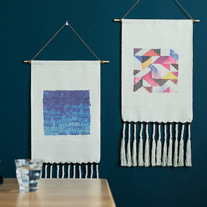 Boho-Wandbehang-Set mit gewebten Ethno-Motiven, Quasten und Holzstab