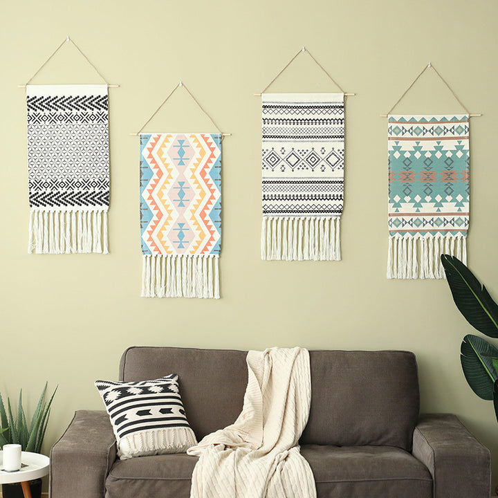 Wandteppich-Set im Boho-Ethno-Stil mit Fransen und Holzstab Karnz