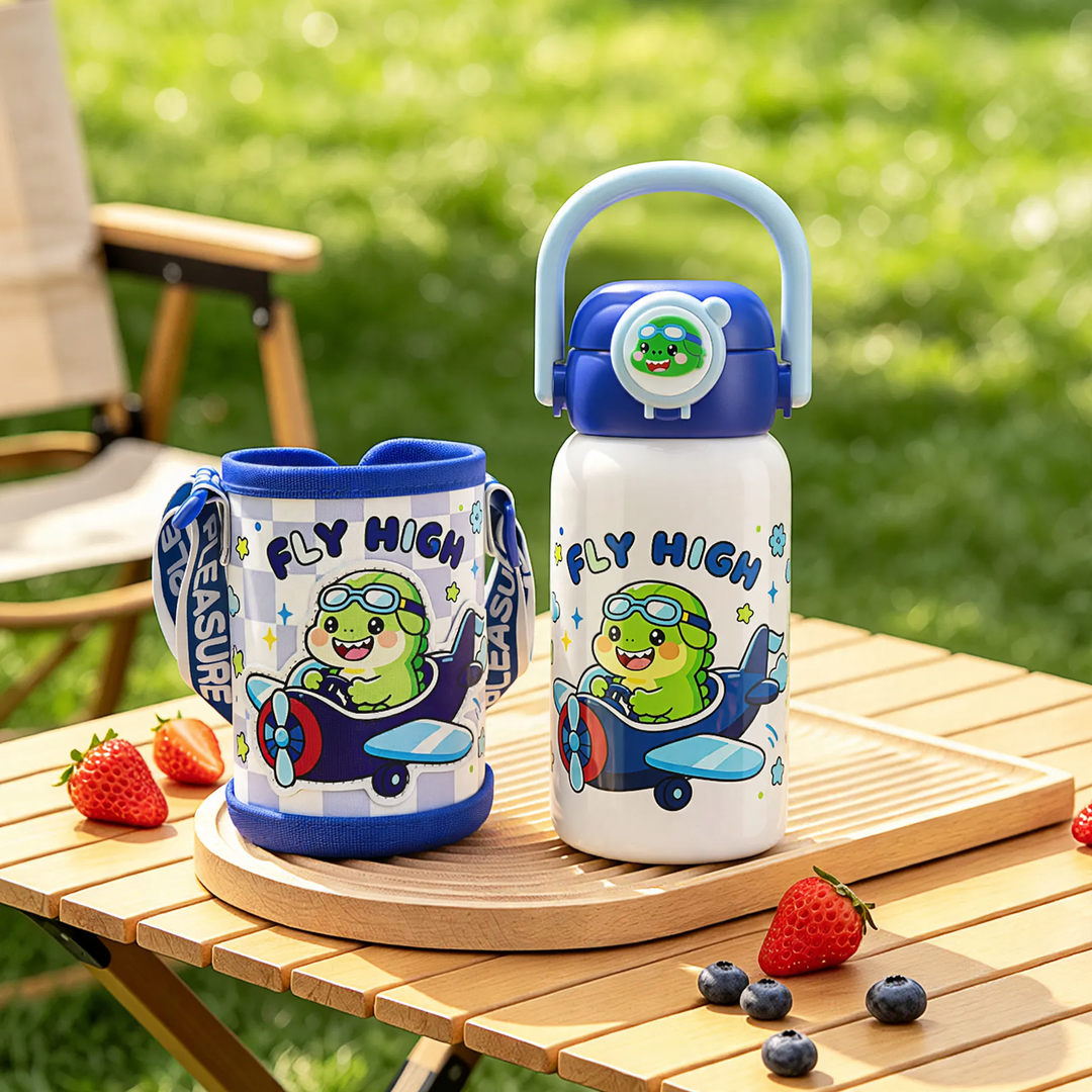 Kinderthermosflasche mit Saugnapf und Trinkhalm