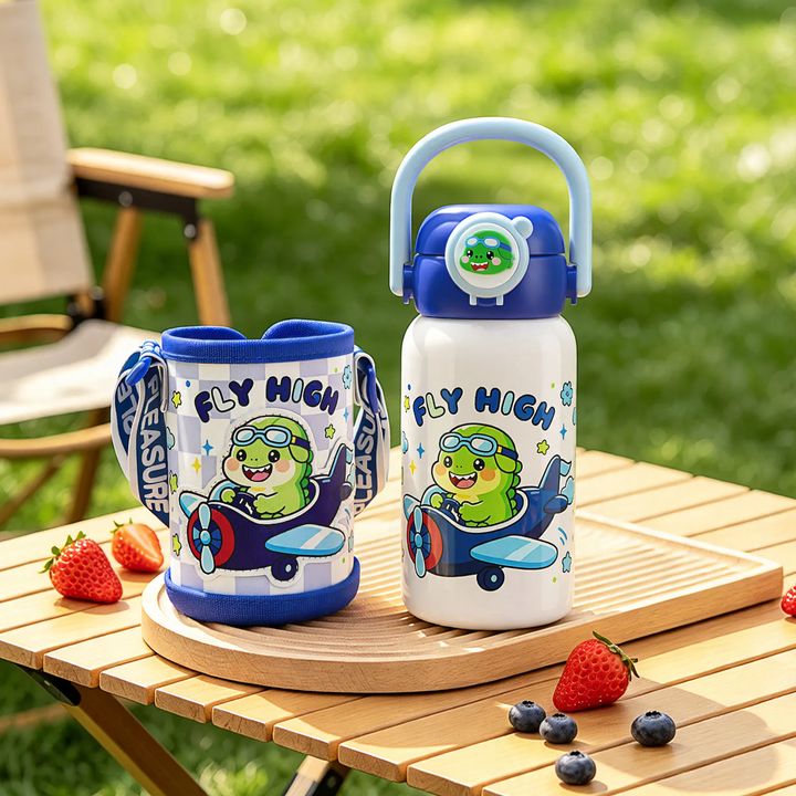 Kinderthermosflasche mit Saugnapf und Trinkhalm