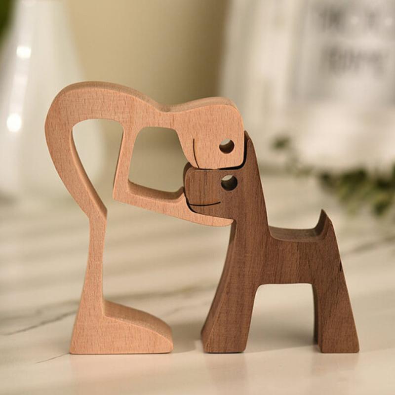 Tierliebhaber Geschenke Holzskulptur Familie & Welpe Holzhandwerk Tischornamente | Karnz