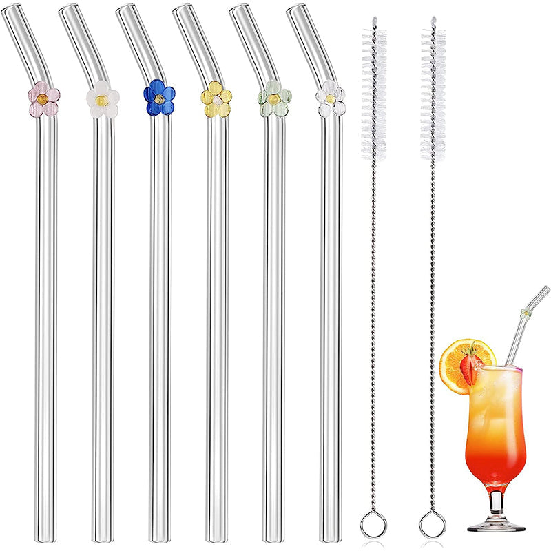 6 PCS Wiederverwendbare Buntglasstrohhalme mit Reinigungsbürste | Karnz