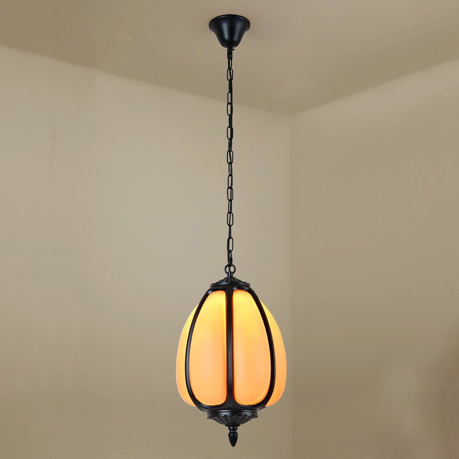 Traditionelle chinesische wasserdichte Aluminium-PC-Dolomit elliptische Kürbis 1-Licht Pendelleuchte für Außenpatio | Karnz