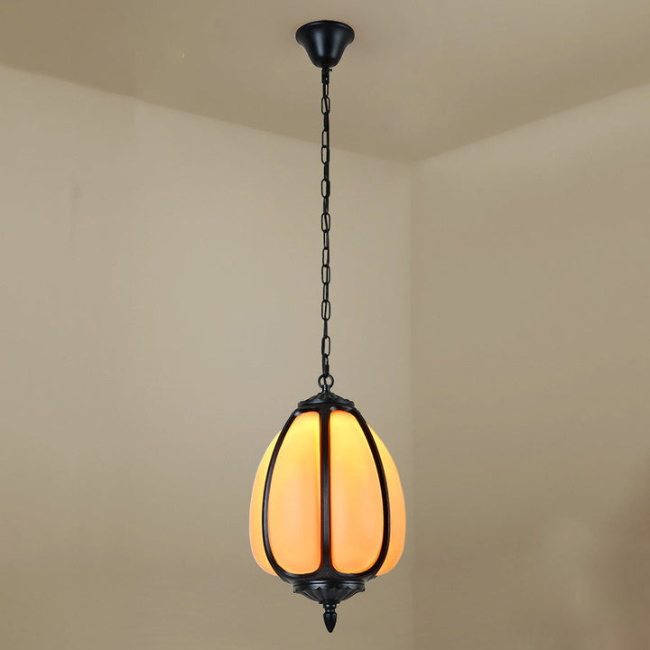 Traditionelle chinesische wasserdichte Aluminium-PC-Dolomit elliptische Kürbis 1-Licht Pendelleuchte für Außenpatio | Karnz